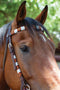 Circle Y of Yoakum - Unique Infinity Wrap Browband Headstall with brown, red, yellow and white. Dark oil leather and replaceable buckles.  Ties at bit ends.