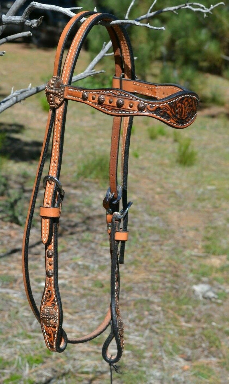 Circle Y 5/8" Light Oil Antiqued Floral Tooled Browband Gag Cheek Headstall