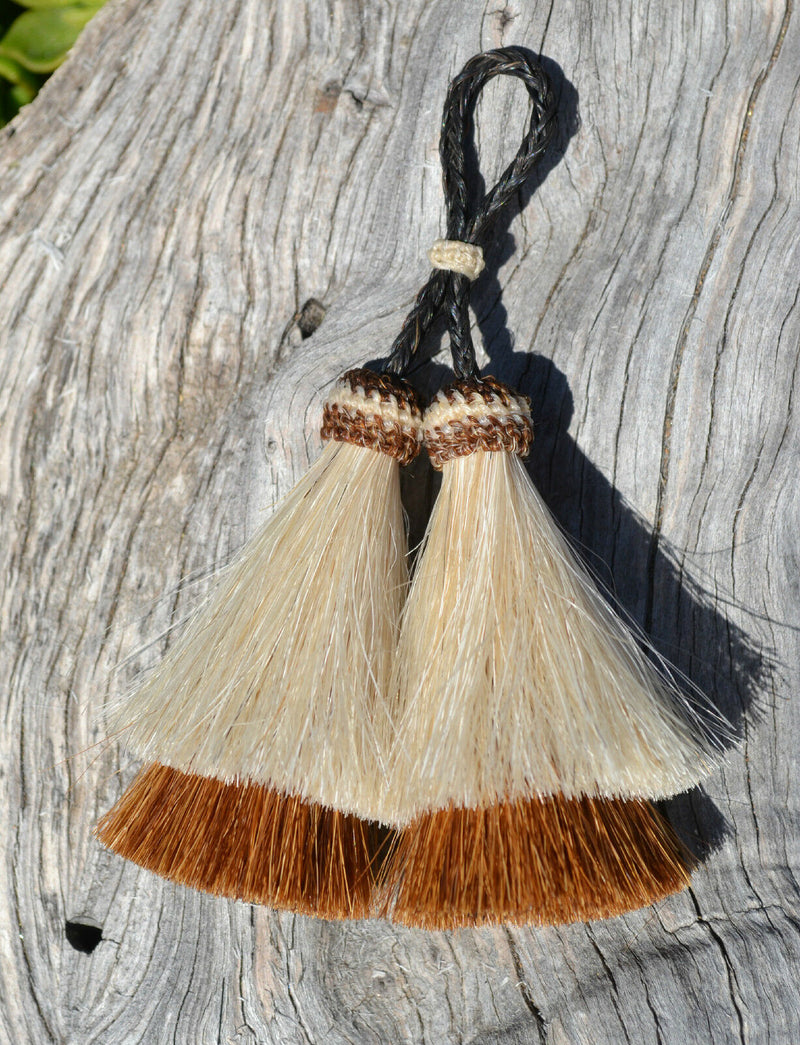 Close Up View 3" Double mule tail cut natural and brightly colored tassels. Handmade from horsehair dyed in bright colors as well as natural.    White/Brown
