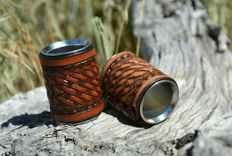 Western Style Hand Carved Basket Tooled Leather Scarf Slide