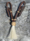Jose Ortiz handmade 1/2" dark chocolate leather curb strap with tightly braided natural rawhide knot and white mane horsehair tassel.  