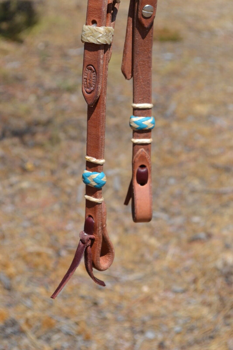Jose Ortiz Harness Leather One Single Ear Headstall Natural & Turquoise Rawhide