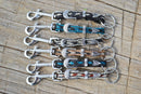 Close Up View Various Colors hand made natural horsehair braided key chain with silver tone faux buckle and snap.  This key chain is about 6" long including the 1" key ring loop to connect the keys. 
