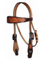 Wide browband headstall with Sunflower Tooling with two-tone chocolate colored leather and natural tooling.  Accented with arrow motif double adjustment buckles and leaf conchos.     Actual headstall differs slightly from manufacturer canned photo.  Headstall shown in live photos is the one you will receive with the arrow buckles.  Horse size.