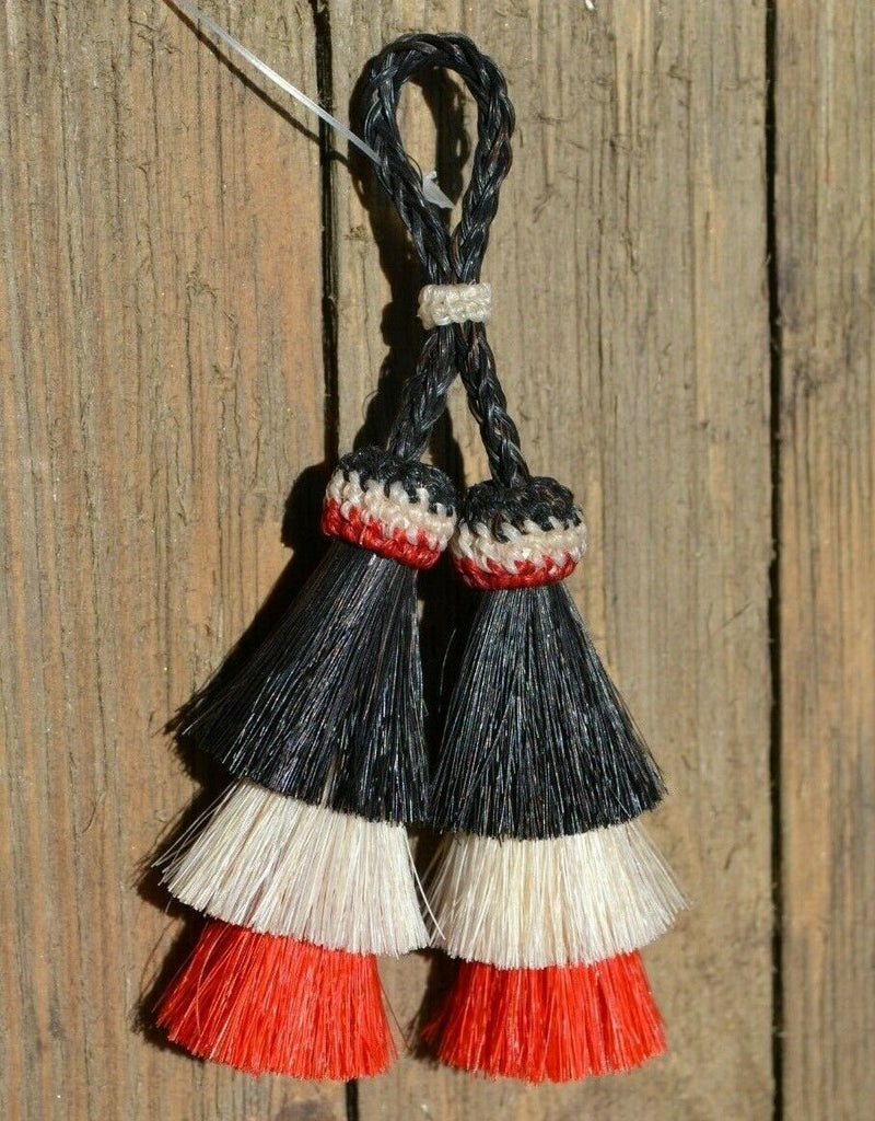 Close Up View 4" triple mule tail cut Double Tassels. Handmade horsehair dyed in bright colors as well as natural.    Black/White/Red