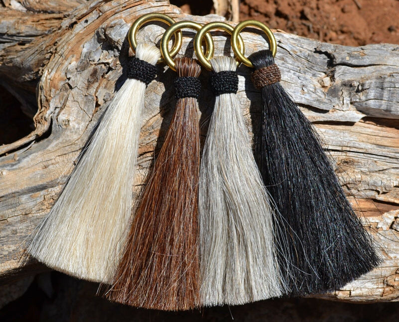 Close Up View Various Colors  6" -  Shu-fly tassels with Brass Ring.  Handmade from 100% natural mane horsehair in natural horsehair colors. 
