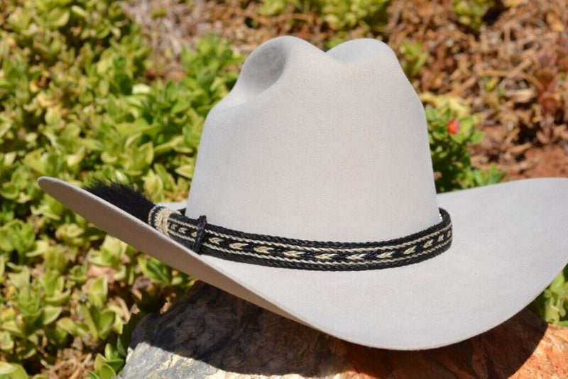 5/8" Hand Braided 5 Strand Horsehair Hatband Single Side Tassel - Black/White