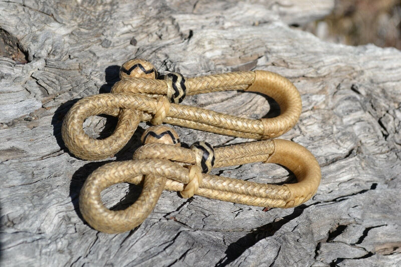 Hand Braided Dark Natural Rawhide Bit / Rein Connectors.  Made from deluxe 20 plait natural rawhide with sliding knot and loop attachment