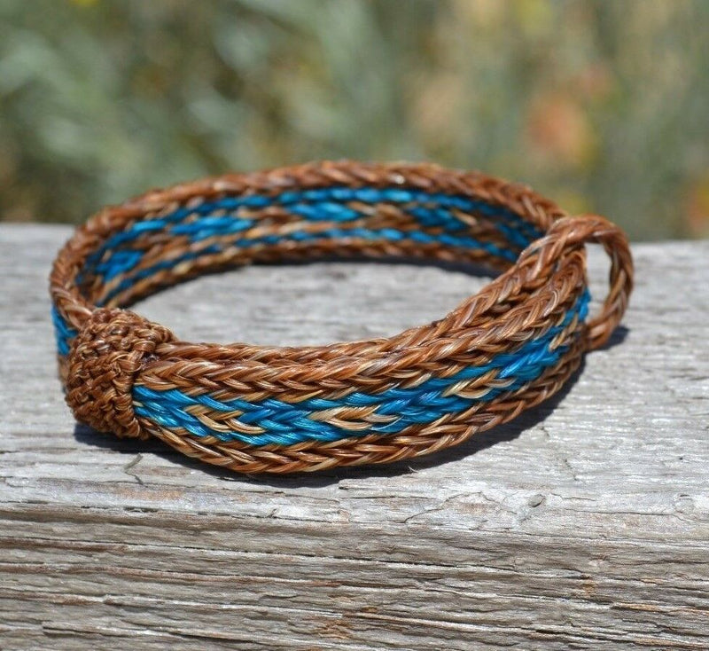 Close Up View Awesome 5/8" wide, 5 Strand Braided Horsehair Bracelet with sliding knot. Sorrel/Turquoise/Sorrel