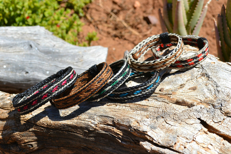 Close Up View Various Colors Awesome 5/8" wide, 5 Strand Braided Horsehair Bracelet with sliding knot. 