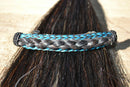 Close Up View Awesome 5/8" wide x 4" long, French Braided Natural Horsehair Barrette. Black/Turquoise/Black