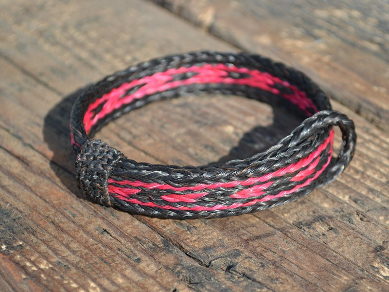 Close Up View  Awesome 5/8" wide, 5 Strand Braided Horsehair Bracelet with sliding knot. Black/Pink/Black