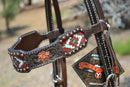 Close Up View Circle Y of Yoakum - 5/8" Dark Chocolate Rough Out Leather Browband Headstall with Inlaid Southwest Diamond Beading in burgundy, white and turquoise.  Antiqued copper conchos and spots with hand painted metallic copper flowers.  Stainless steel hardware.   Horse size.