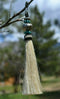 Close Up View 4 1/2" total length horsehair zipper pull with spring clip. Handmade horsehair various colors and beading pattern. White-Turquoise/RB/Turquoise