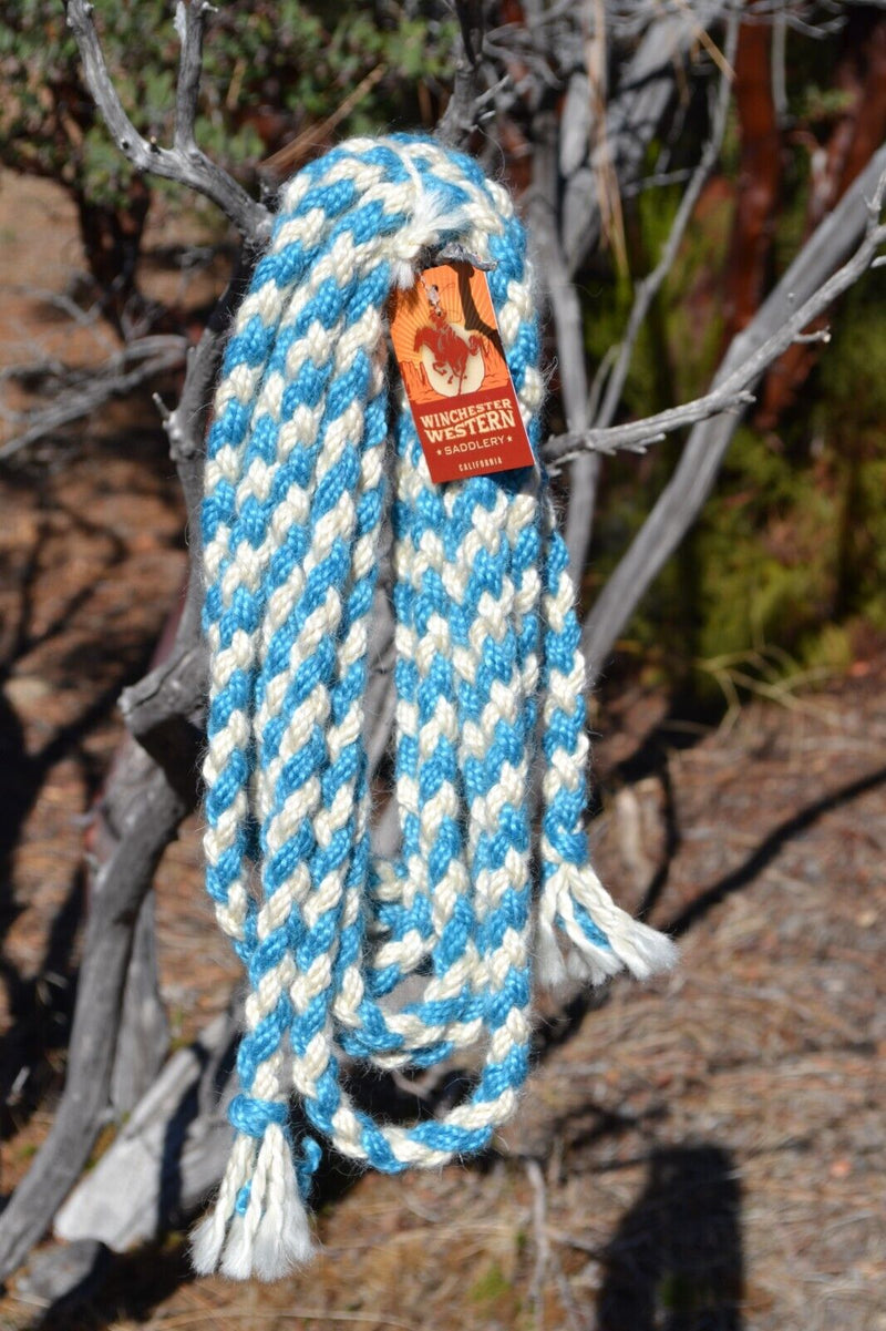 1/2" Braided Mohair Mecate Reins - 4 Strand x 24' -  Turquoise/Natural