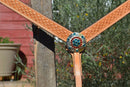 Close Up View Stunning and unique Tex Tan 1 1/2" Light Oil Leather Basket Tooled Breast Collar with Turquoise & Red Swarovski Crystals with leather studded rosettes. 