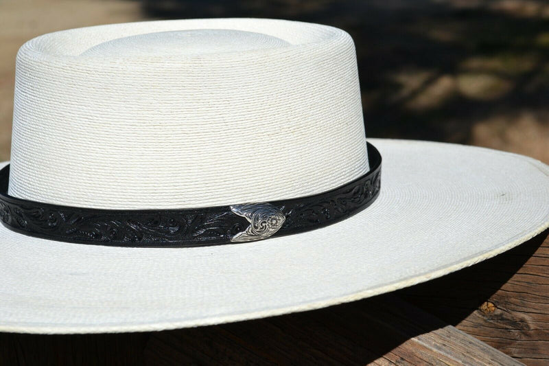 Close Up View Beautiful 3/4" Carved Leather Hatband in black.  Made from 3/4" wide leather with engraved silver tip prong buckle. 