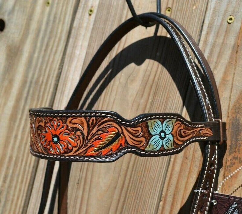 Close Up Browband Circle Y of Yoakum -  2021 Hand Painted Metallic Flower and Leaves Browband Headstall.   Headstall is walnut with vintage background.    Horse sized, the crown measures 44" from bit end to bit end on the longest setting and adjustment to make up to 8" shorter.   