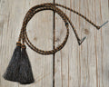 Close Up View natural horse hair stampede string with cotter pin attachments. Black/Chestnut/Black