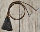 Close Up View natural horse hair stampede string with cotter pin attachments. Black/Chestnut/Black