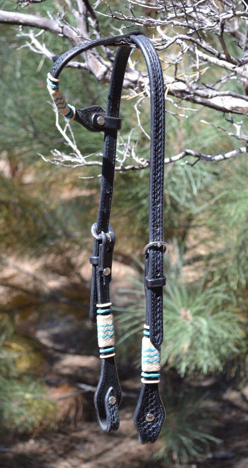 Jose Ortiz Black Single One Ear Headstall Natural & Turquoise Rawhide Braiding