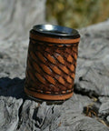 Western Style Hand Carved Basket Tooled Leather Scarf Slide - Natural color
