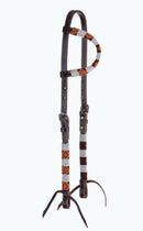 Stock Photo: Circle Y of Yoakum - Unique Infinity Wrap One Ear Headstall with brown, red, yellow and white. Dark oil leather and replaceable buckles.  Ties at bit ends.