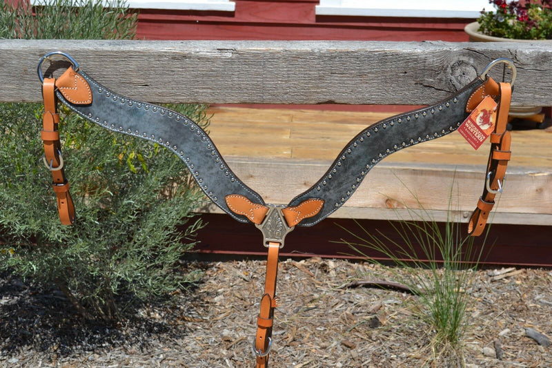 Alamo Saddlery Wave Contoured Breast Collar.  This breast collar is Alamo's light oil color with steel grey leather overlay outlined in silver colored studs.