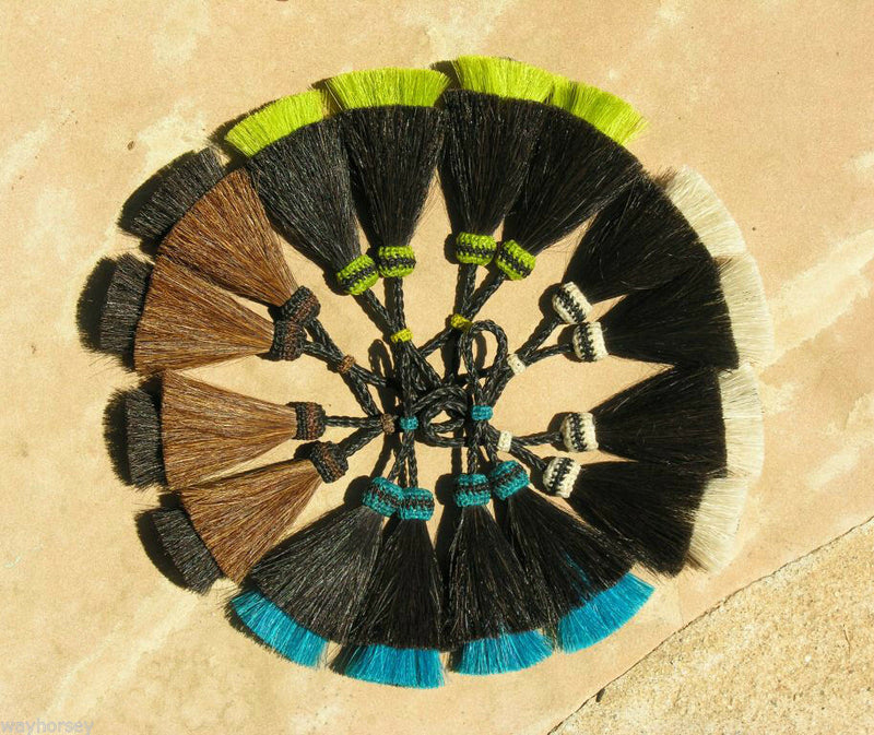 Close Up View Various Colors  3" Double mule tail cut natural and brightly colored tassels.  Handmade from horsehair dyed in bright colors as well as natural. 