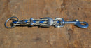 Close Up View Handmade natural horsehair braided key chain with silver tone faux buckle and snap. This key chain is about 6" long including the 1" key ring loop to connect the keys.    White/Blue/White