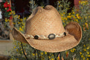 Front View Alamo Hat Company - South Texas Rustic Raffia Festival Cowboy Hat with shapeable brim.    The hat is soft and the brim has a wire border that holds just about any shape you like.  Great for trail riding, days at the beach, or for those long days at the river or music festival.  Comes with concho hatband and adjustable leather stampede string.  A best buy in straw hats.  Sized Small - X-Large.  