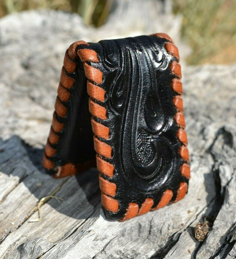 Western Style Hand Carved Leather Money Clip with strong magnetic closure Black with brown lace