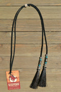 Close Up View natural horse hair Stampede String with beads and horse hair tassels and cotter pin attachments.     Black-SilverRB/Turquoise/Silver/Turquoise/SilverRB