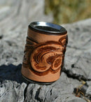 Tan - Brand new,  Western Style Hand Carved Floral Swirl Leather Scarf Slide.   Slide measures W 1" x  H 1 1/2" x D 7/8".  Smooth stainless steel inside will slide nicely over most fabrics without out snagging.     Available in a variety of colors.  