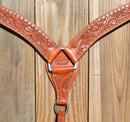 Close Up View Reinsman Heavy Duty 2" Double Ply Leather Breast Collar with Hand Carved Arizona Flower tooling with spots.  Warm light mahogany color leather.  Stainless steel hardware and tugs and cinch drop.   1" x 12" adjustable tugs. 