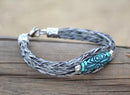 Close Up View Awesome 3/8" wide, 3 Strand Braided Horsehair Bracelet with a lobster claw clasp and various colored beads. Grey/Turquoise