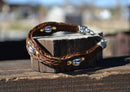 Close Up View Awesome 3/8" wide, 3 Strand Braided Horsehair Bracelet with a lobster claw clasp and various colored beads. Chestnut/Silver/3B