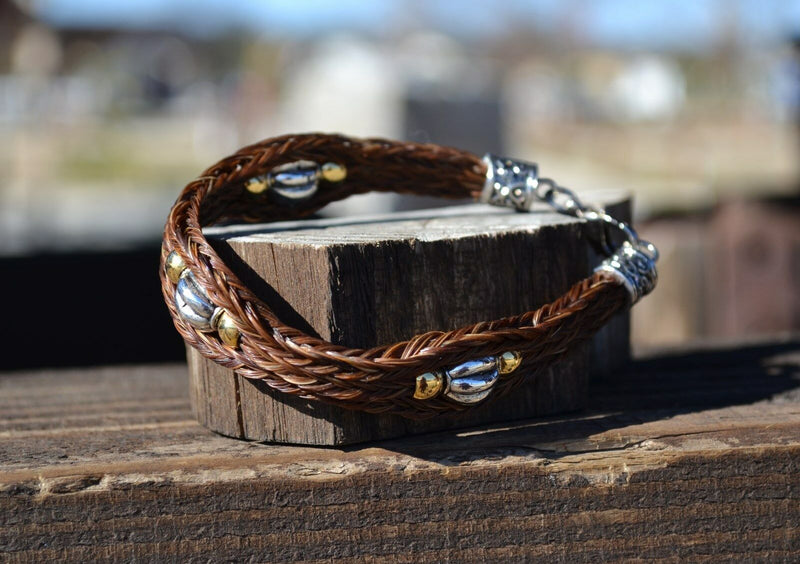Close Up View Awesome 3/8" wide, 3 Strand Braided Horsehair Bracelet with a lobster claw clasp and various colored beads. Chestnut/Silver/3B