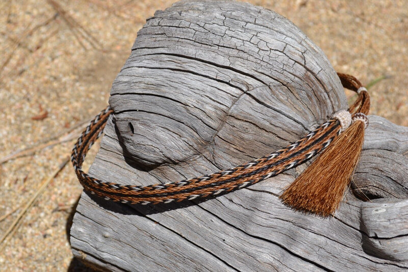 1/2" Hand Braided 5 Strand Horsehair Hatband Double Tassels - Sorrel/Black/White