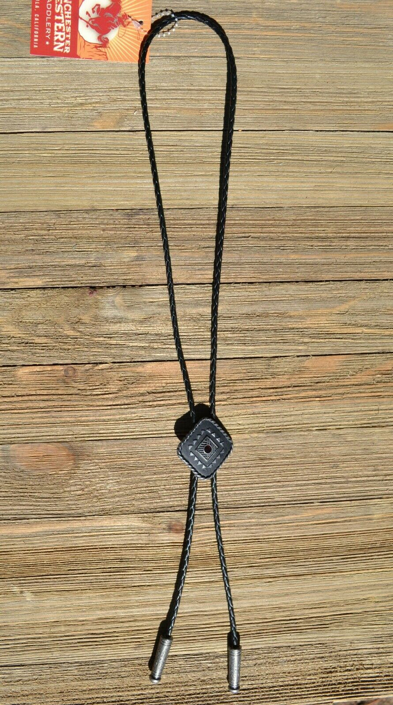 Front View Western Style Black Braided Leather Bolo Tie with amazing southwest design diamond shape concho slide with a matt black background and enamel center accent. 