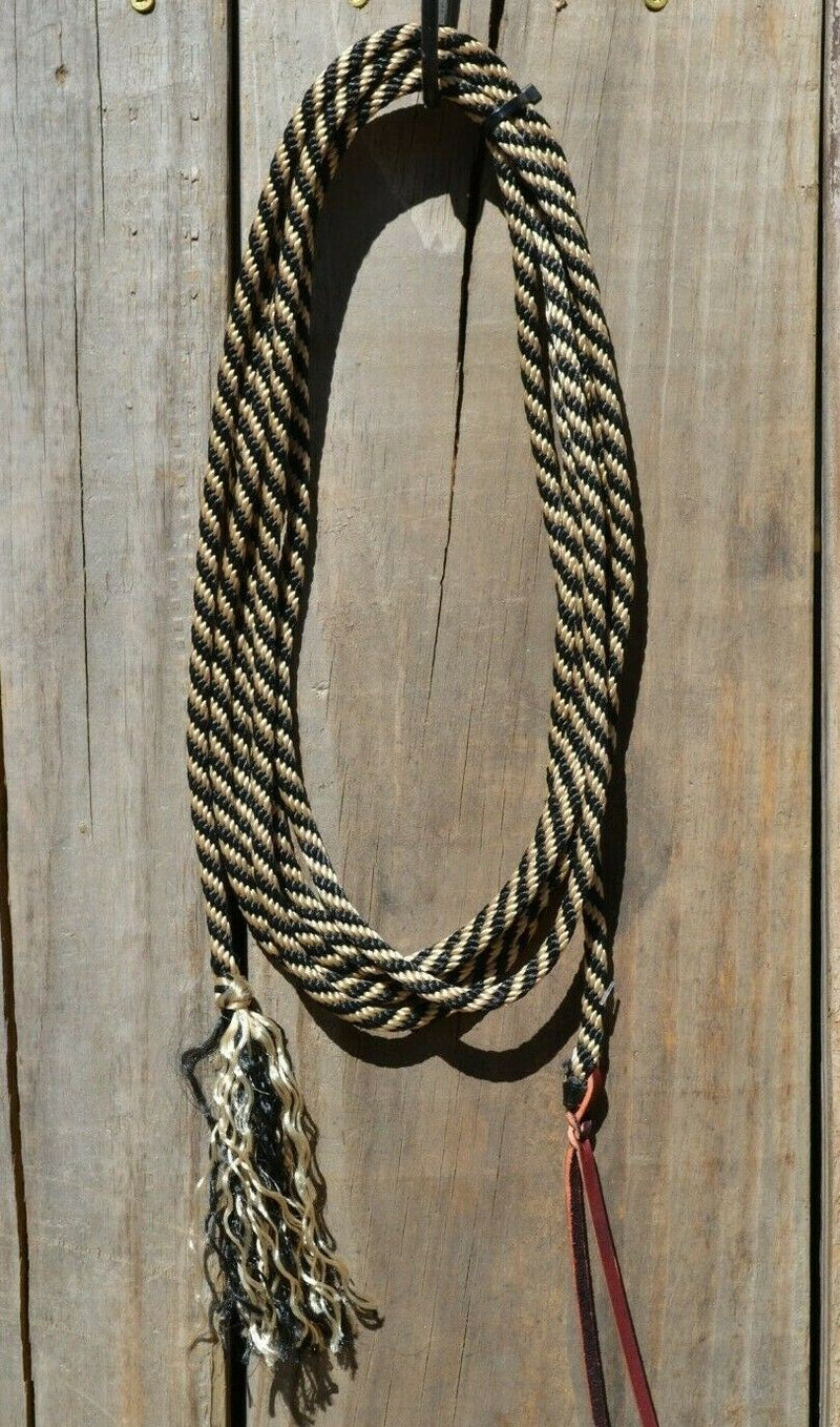 1/4" Solid Braid Get Down Rope, 14 foot long.    This one has a knot on one end and a short leather popper on the other.   Black/Tan.