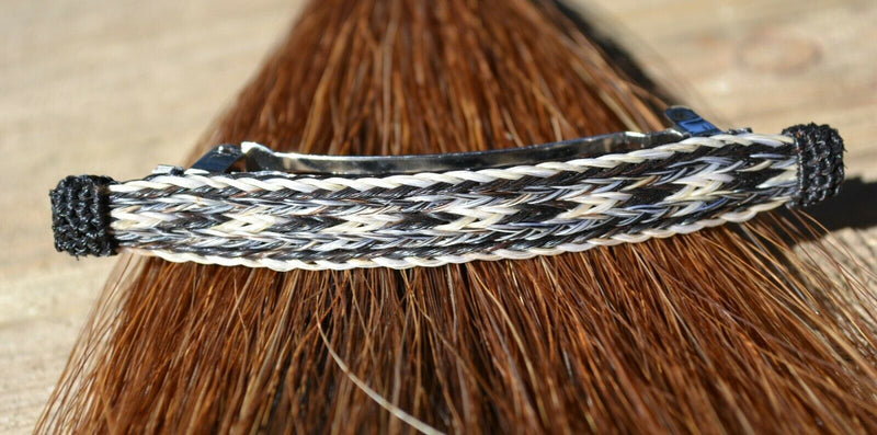 Close Up Front View Awesome 1/2" wide x 4" long, 3 Strand Braided Natural Horsehair Barrette.  White/Grey/Black/White