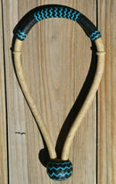 Jose Oritz 1/2" hand braided natural beveled rawhide bosal with natural rawhide with black leather nose with turquoise details and a traditional round shaped knot with a space between the cheek pieces.
