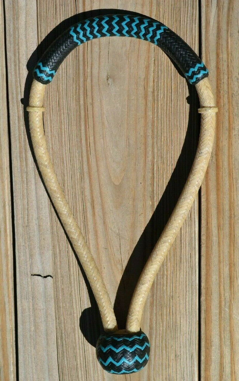 Jose Oritz 1/2" hand braided natural beveled rawhide bosal with natural rawhide with black leather nose with turquoise details and a traditional round shaped knot with a space between the cheek pieces.