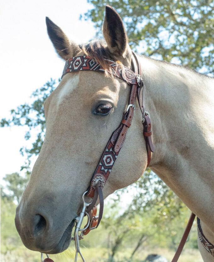 Circle Y of Yoakum - Browband Headstall with Brown / White / Black Beaded Southwest Overlay.  Dark chestnut leather and replaceable buckles.  Latigo ties and conchos at bit ends. Horse sized, the crown measures 46" from bit end to bit end on the longest setting and adjustment to make up to 8" shorter.