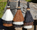 Close Up View  Various Colors 3" 3 bell mule tail cut natural and brightly colored tassels.  Handmade from 100% natural mane horsehair.