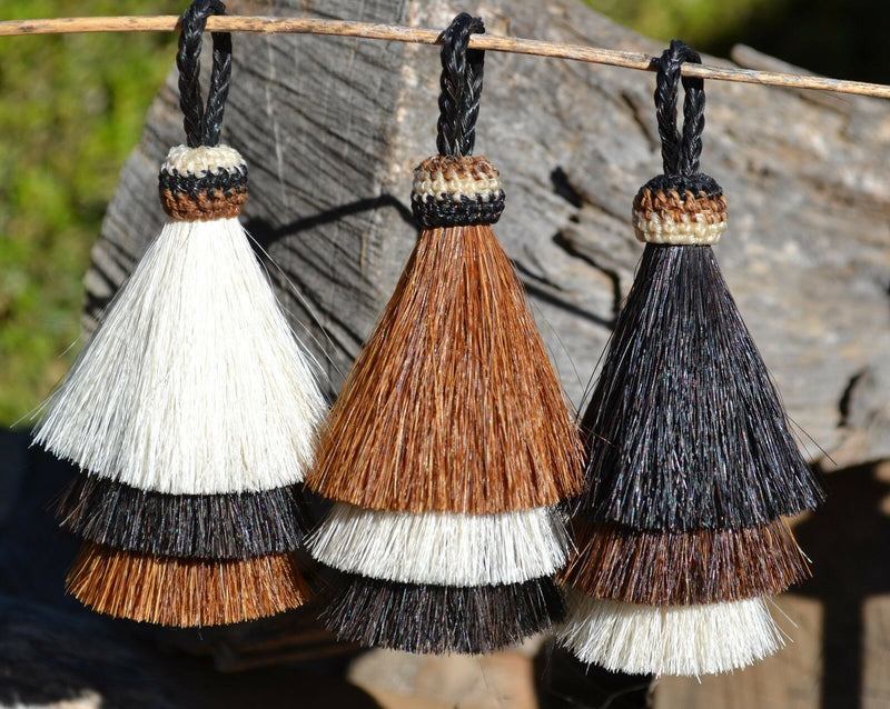 Close Up View  Various Colors 3" 3 bell mule tail cut natural and brightly colored tassels.  Handmade from 100% natural mane horsehair.