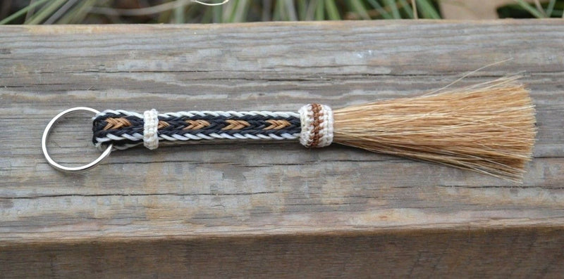 Close Up View Awesome 3/8" wide, 3 Strand Braided Horsehair Key Chain. Full length is 7" including the key ring.   White/Black/Sorrel