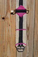 Close Up View Brand new,  Jose Ortiz - Vaquero Brand - 100% Mohair Cinch/Cincha made in the Vaquero style.    This narrower cinch is 34" long end to end, single layer 16 strands and 4 1/2" wide at the widest point.  Hand made from 100% natural mohair in natural, black and raspberry pink colors.   