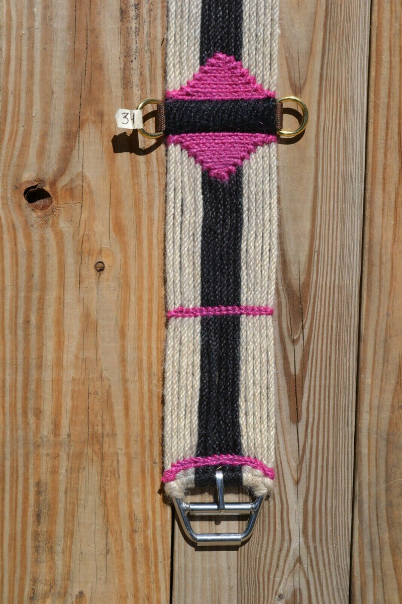 Close Up View Brand new,  Jose Ortiz - Vaquero Brand - 100% Mohair Cinch/Cincha made in the Vaquero style.    This narrower cinch is 34" long end to end, single layer 16 strands and 4 1/2" wide at the widest point.  Hand made from 100% natural mohair in natural, black and raspberry pink colors.   